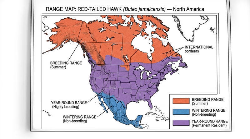 A sample range map of the Red-tailed Hawk showing breeding range, wintering range, and year-round range across North America