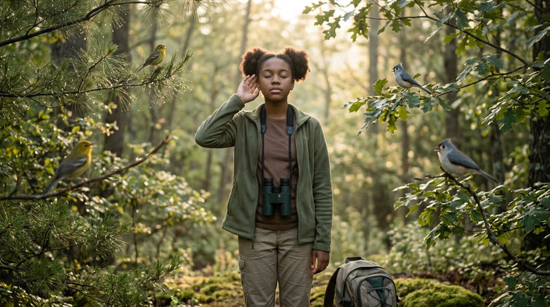 A Scout standing still in a woodland clearing at dawn, eyes closed, listening intently with a hand cupped behind one ear, birds perched in surrounding trees