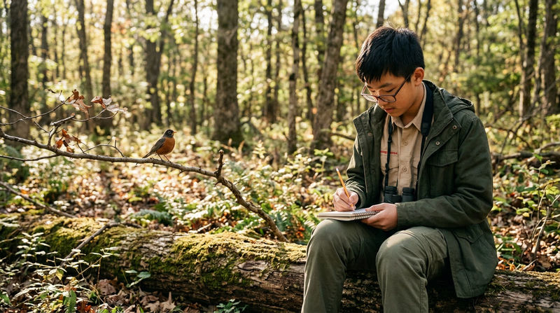 A Scout sitting outdoors with a field notebook, sketching a bird perched on a nearby branch