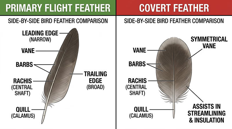 Side-by-side comparison of a primary feather and a covert feather with parts labeled