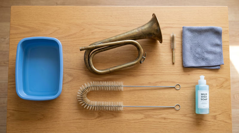 Cleaning supplies laid out neatly: a bugle, flexible snake brush, mouthpiece brush, soft cloth, dish soap, and a basin of water