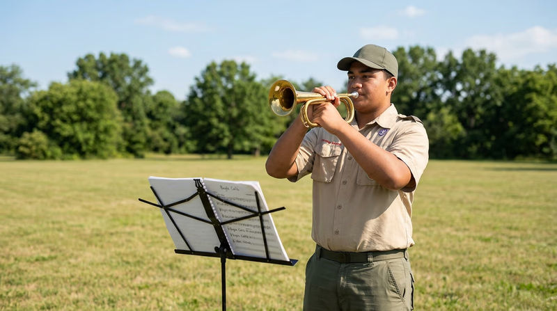A Scout standing outdoors in a field practicing the bugle, with sheet music on a portable music stand
