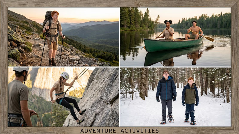 A four-panel collage showing Scouts engaged in different activities: hiking up a mountain trail, canoeing on a calm lake, rappelling down a cliff face, and snowshoeing through a snowy forest