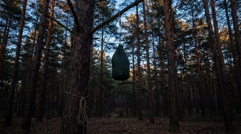 A properly hung bear bag suspended between two trees, with a rope over a high branch, showing the bag at least 12 feet high and 6 feet from the trunk