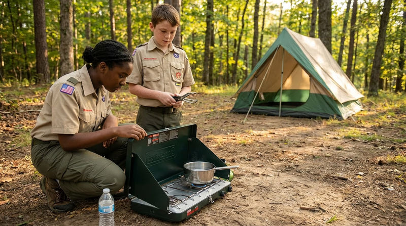 A camp stove set up on bare ground with a clear area around it, a pot of water heating on top, and the tent visible at a safe distance in the background