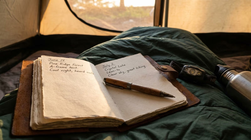 A Scout's camping log notebook open to a page showing entries with dates, locations, and shelter types, with a pen lying across the page