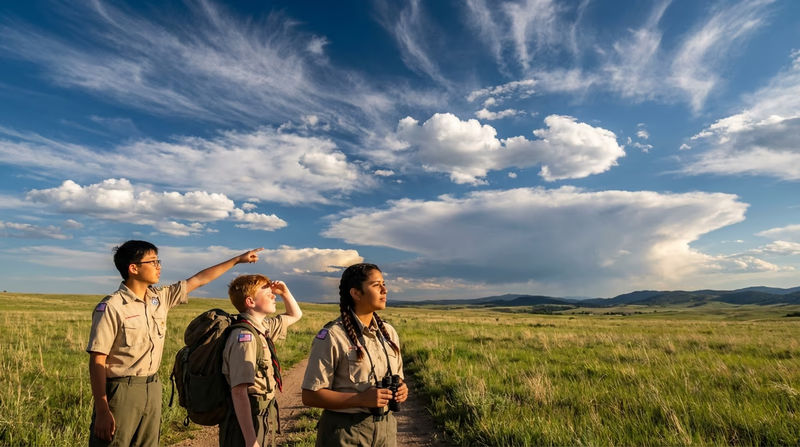 A sky scene showing different cloud types — cirrus wisps at the top, cumulus puffs in the middle, and a dark cumulonimbus building on the horizon