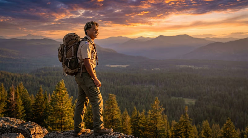 A Scout standing on a mountain overlook at sunset, looking out over a vast landscape, symbolizing the journey and achievement of completing the Camping merit badge