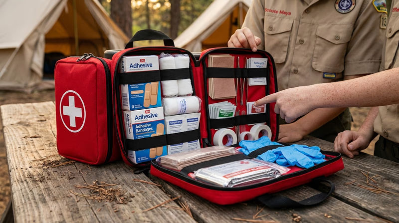 An open first-aid kit laid out on a camp table showing organized supplies including bandages, antiseptic, moleskin, and tweezers