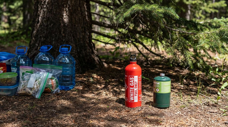 A labeled fuel bottle and a propane canister stored upright in a shaded area at camp, clearly separated from food and water supplies