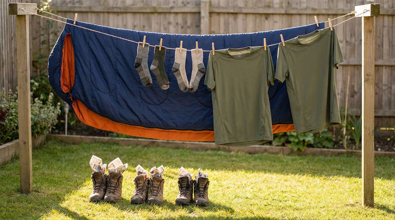 Camping gear drying on a clothesline in a backyard: a sleeping bag draped over, socks and shirts hanging, boots sitting upside down on the ground below