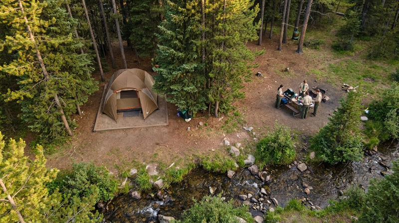 An illustrated birds-eye view of an ideal campsite showing the tent on level ground, 200 feet from a stream, behind a natural tree windbreak, with the cooking area downwind and a bear bag hung away from the sleeping area