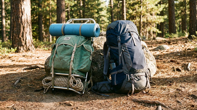 Two backpacks standing side by side outdoors: an external-frame pack with visible aluminum frame on the left, and a modern internal-frame pack on the right, both loaded for a camping trip