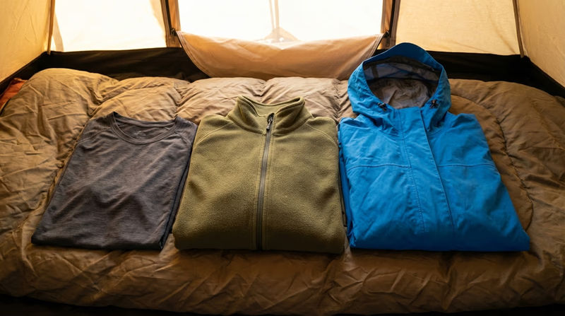 Three clothing layers laid out side by side on a sleeping bag: a thin base layer shirt, a fleece mid layer, and a rain shell outer layer