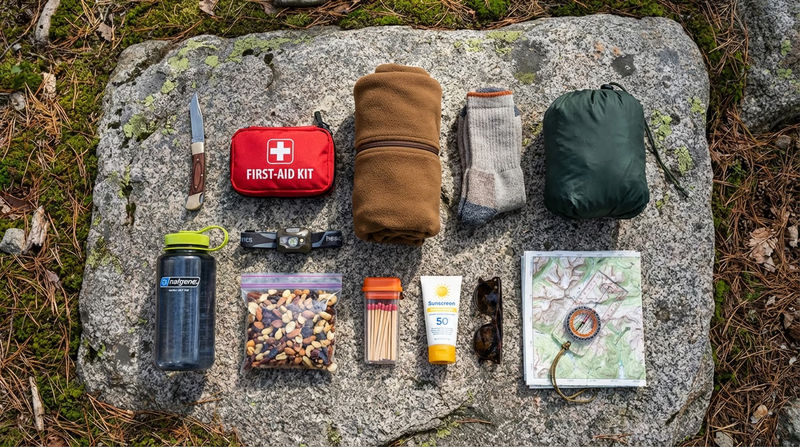 All ten Scout outdoor essentials laid out neatly on a flat rock or camp table: pocketknife, first-aid kit, extra socks and fleece, rain jacket, water bottle, headlamp, trail mix, waterproof matches, sunscreen and sunglasses, map and compass