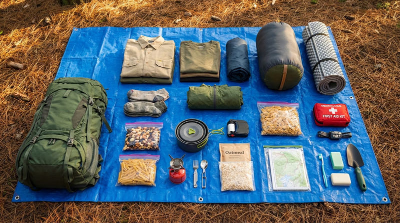 All the contents of a well-packed camping backpack laid out in organized groups on a tarp: clothing, food, cooking gear, sleeping gear, essentials kit