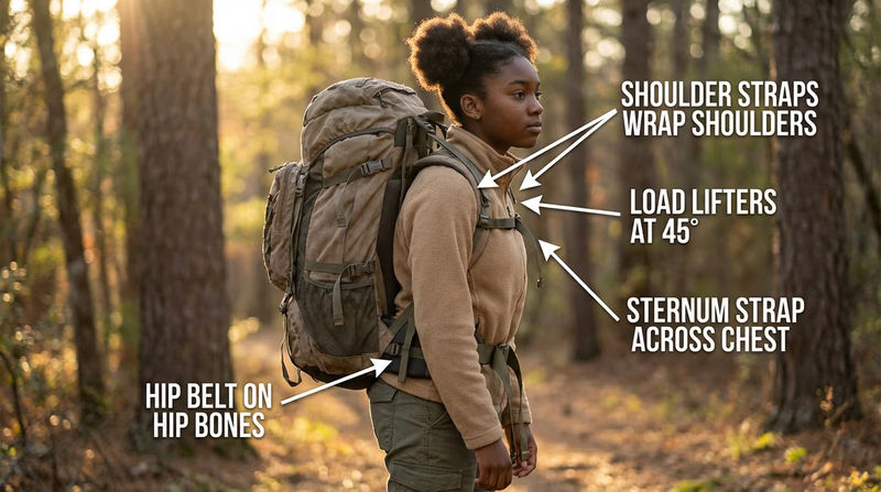 A Scout wearing a properly fitted internal-frame backpack from the side, with labels pointing to the hip belt, shoulder straps, load lifters, and sternum strap