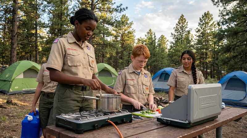 A patrol of Scouts cooking together at a campsite with tents visible in the background and a camp stove on a picnic table