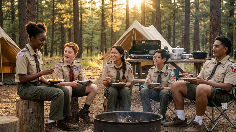 A patrol of Scouts sitting together at a campsite eating a meal they cooked, with camp stove and cooking gear visible in the background