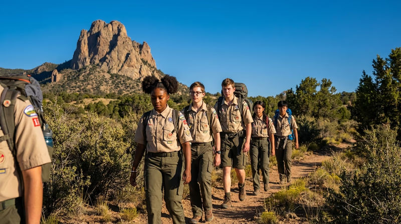 A group of Scouts hiking on a trail at Philmont Scout Ranch with the Tooth of Time rock formation visible in the background against a blue sky