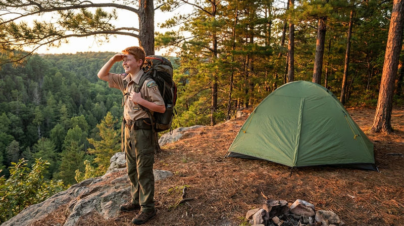A Scout standing near a tent at a campsite during golden hour, looking out at a forested landscape