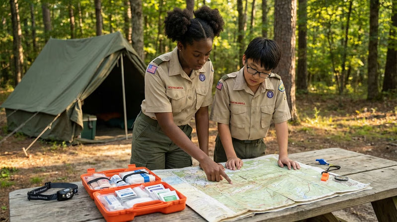 A Scout reviewing a topographic map with a first-aid kit and safety gear spread out on a camp table