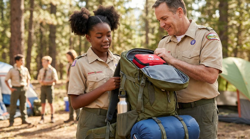 A Scout standing with a loaded backpack in front of a Scoutmaster who is reviewing the contents, with gear items visible including a sleeping bag, mess kit, and water bottle