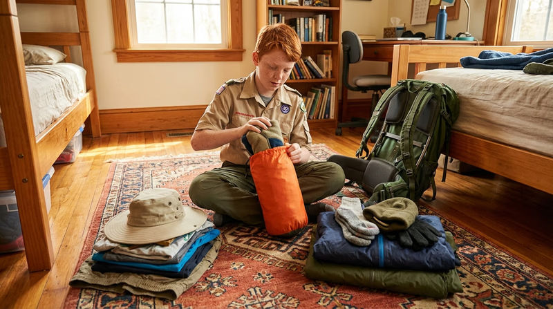 A Scout organizing clothing into a waterproof stuff sack, with warm and cold weather items laid out on a bedroom floor