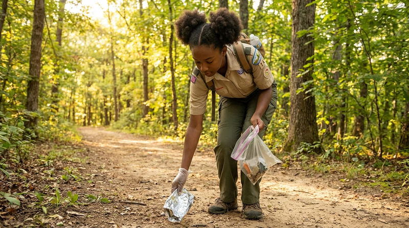 A Scout bending down to pick up a small piece of litter from a trail, with a clean forest trail stretching behind them