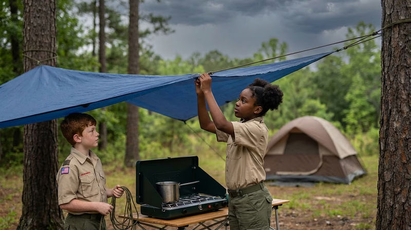 A Scout adjusting a rain tarp over a cooking area at camp as rain clouds roll in overhead