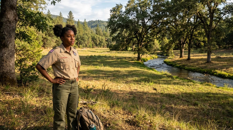 A Scout standing at the edge of a forest clearing, looking around and evaluating the area as a potential campsite, with a stream visible in the middle distance