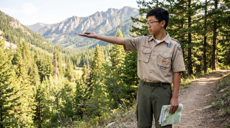 A Scout standing on a trail holding a compass flat in their palm, looking ahead at a mountain ridge with a topo map visible in their other hand