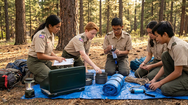 A patrol of Scouts gathered around a tarp with patrol gear spread out, dividing items among their individual backpacks