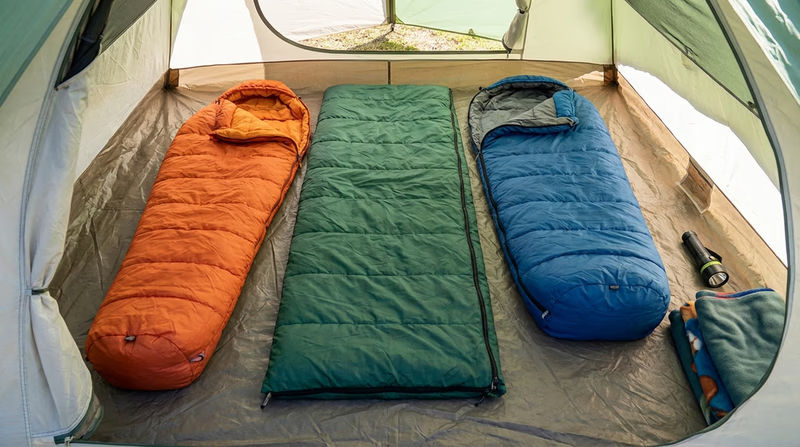 Three sleeping bags laid out side by side on a tent floor: a mummy bag, a rectangular bag, and a semi-rectangular bag, each partially unzipped to show their shapes