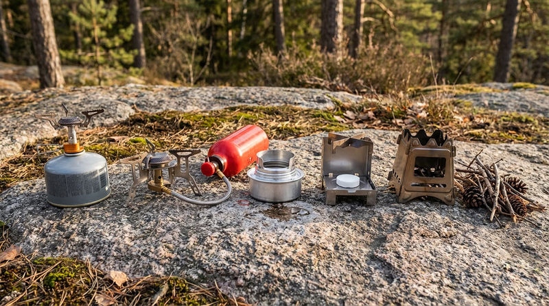 Five different camp stoves arranged on a flat rock: a canister stove, liquid fuel stove, alcohol stove, solid fuel tablet stove, and a small wood-burning stove, each with its fuel source visible beside it