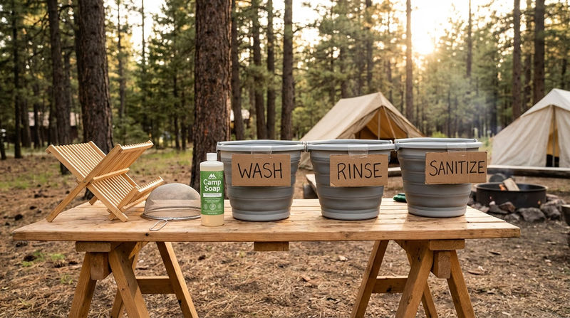 A camp dishwashing station showing three labeled buckets (Wash, Rinse, Sanitize) set up on a camp table with a mesh strainer and biodegradable soap nearby