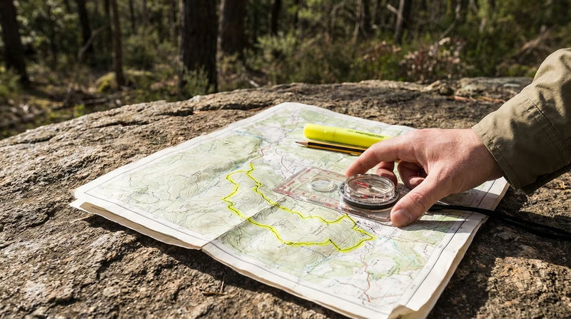 A topographic map spread out on a camp table with a compass, pencil, and highlighter, showing a marked route to a campsite