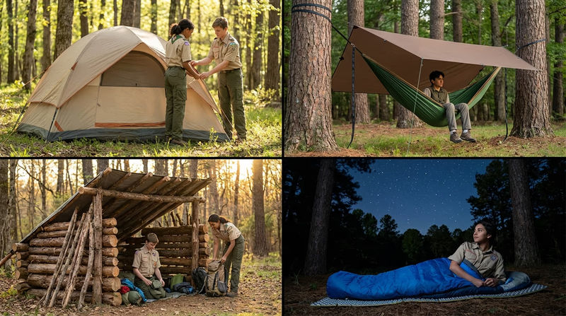 A collage showing four different shelter types: a pitched tent in a forest, a hammock strung between trees, a lean-to shelter, and a Scout sleeping under the open sky with a sleeping pad and bag
