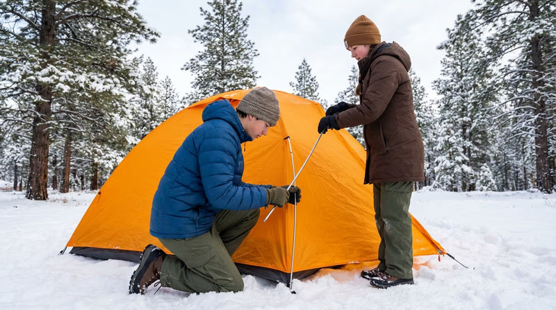 Two Scouts setting up a four-season tent in a snowy forest clearing with snow-covered pine trees around them