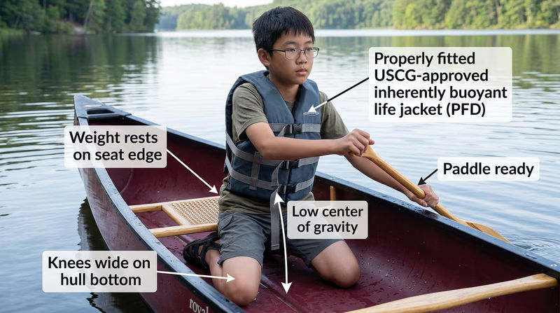 A Scout demonstrating the proper kneeling position in a canoe — knees wide on the hull bottom, backside resting against the seat edge, paddle in hand, low center of gravity