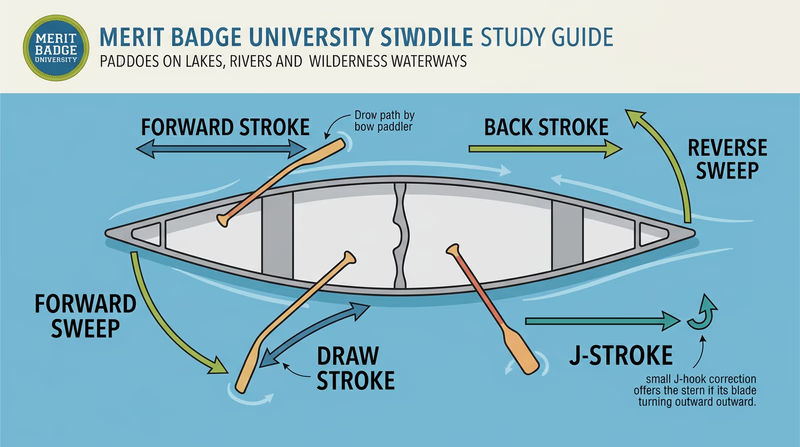 A top-down diagram showing the six core paddle strokes around a canoe: forward stroke, back stroke, draw, pushaway, forward sweep, and reverse sweep — each with an arrow indicating the blade path through the water