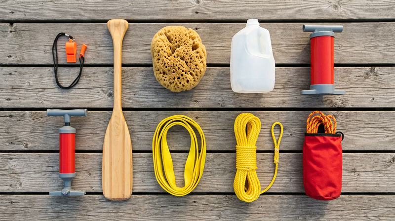 A flat-lay photo of canoe safety equipment arranged on a dock: whistle on a lanyard, extra paddle, large sponge, cut-jug bailer, hand bilge pump, rescue sling, coiled painter rope, and a throw bag