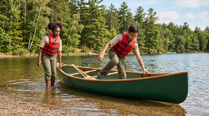 Two Scouts launching a canoe from a sandy lakeshore — one holding the stern steady while the other carefully steps into the bow, both wearing life jackets