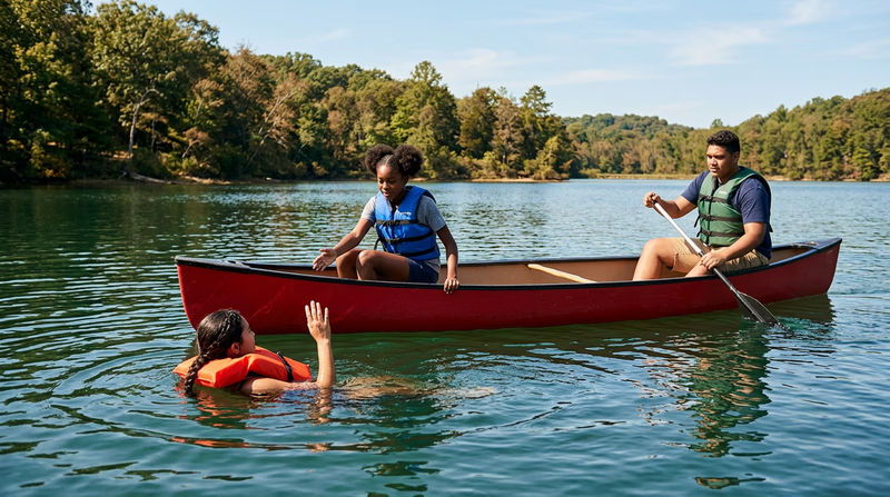 A rescue canoe approaching a conscious swimmer in the water — the swimmer has one hand raised, the bow paddler is communicating, and the stern paddler is positioning the canoe alongside