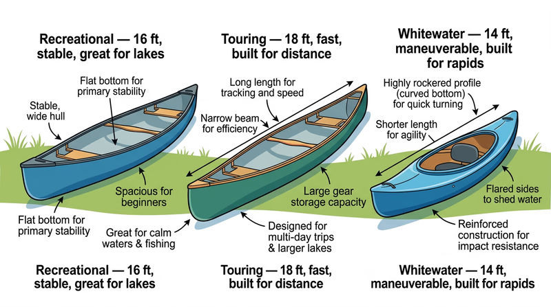 Three different canoe styles side by side on a grassy shore — a wide recreational canoe, a long touring/tripping canoe, and a short whitewater canoe — with labels