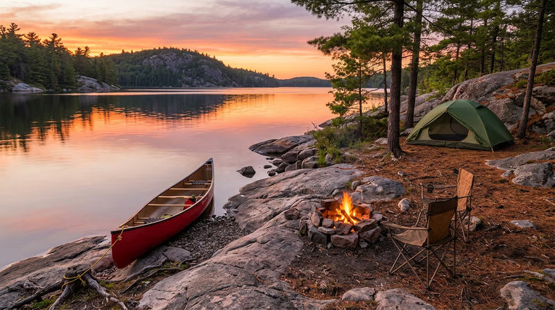 A canoe beached on a rocky lakeshore at sunset in a wilderness setting, with a small campfire and tent visible nearby, calm reflective water and pine-covered hills in the background