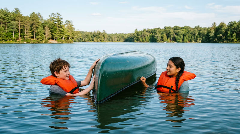 Two Scouts in life jackets floating in a lake while holding onto opposite ends of a capsized (overturned) canoe, calm expressions, demonstrating proper technique