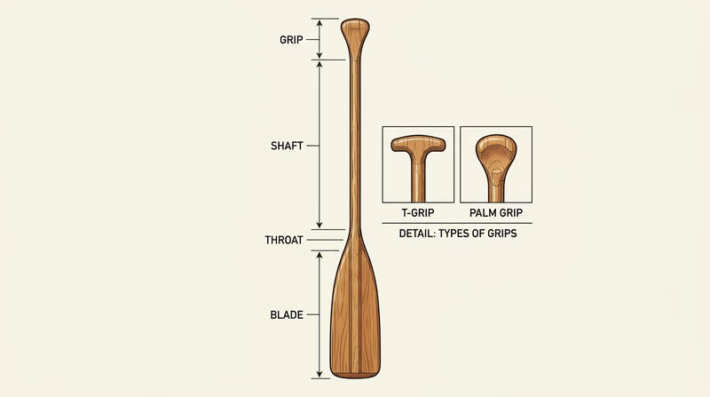 A single canoe paddle shown vertically with all parts labeled: grip (showing both T-grip and palm grip variations), shaft, throat, blade (with power face and back face indicated), and tip