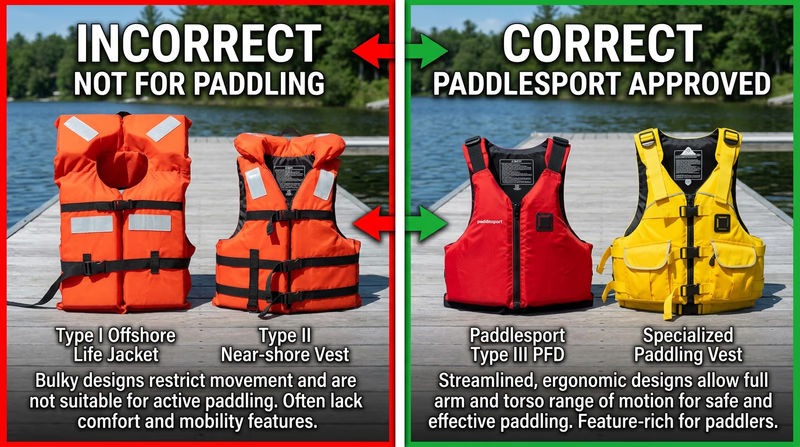 Four life jackets side by side on a dock: Type I (bulky offshore), Type II (near-shore vest), Type III (paddlesport), and Type V (special use) — each labeled with type number and best use case