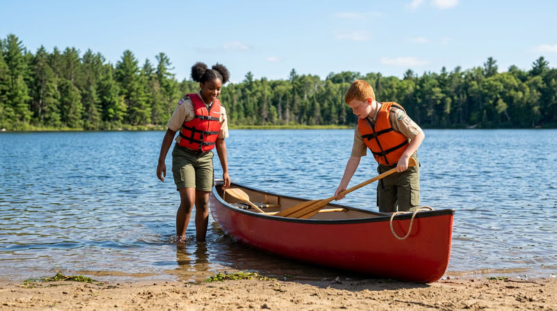 Two Scouts in clean uniforms preparing to launch a canoe from a sandy lakeshore on a sunny day, life jackets on, paddles in hand